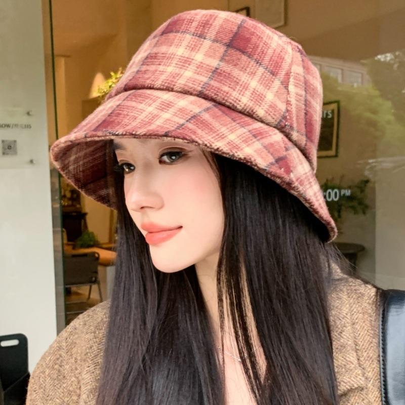 Women S Plaid Bucket Hat Double Sided Foldable Sun Protection Large Head Size Korean Style