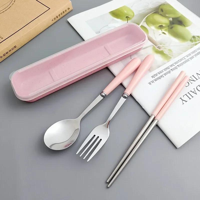 4PCS/Set Wheat Straw Tableware Box Spoon Fork Chopsticks Cutlery Dinnerware Children Adult Travel Portable Kitchen Accessories