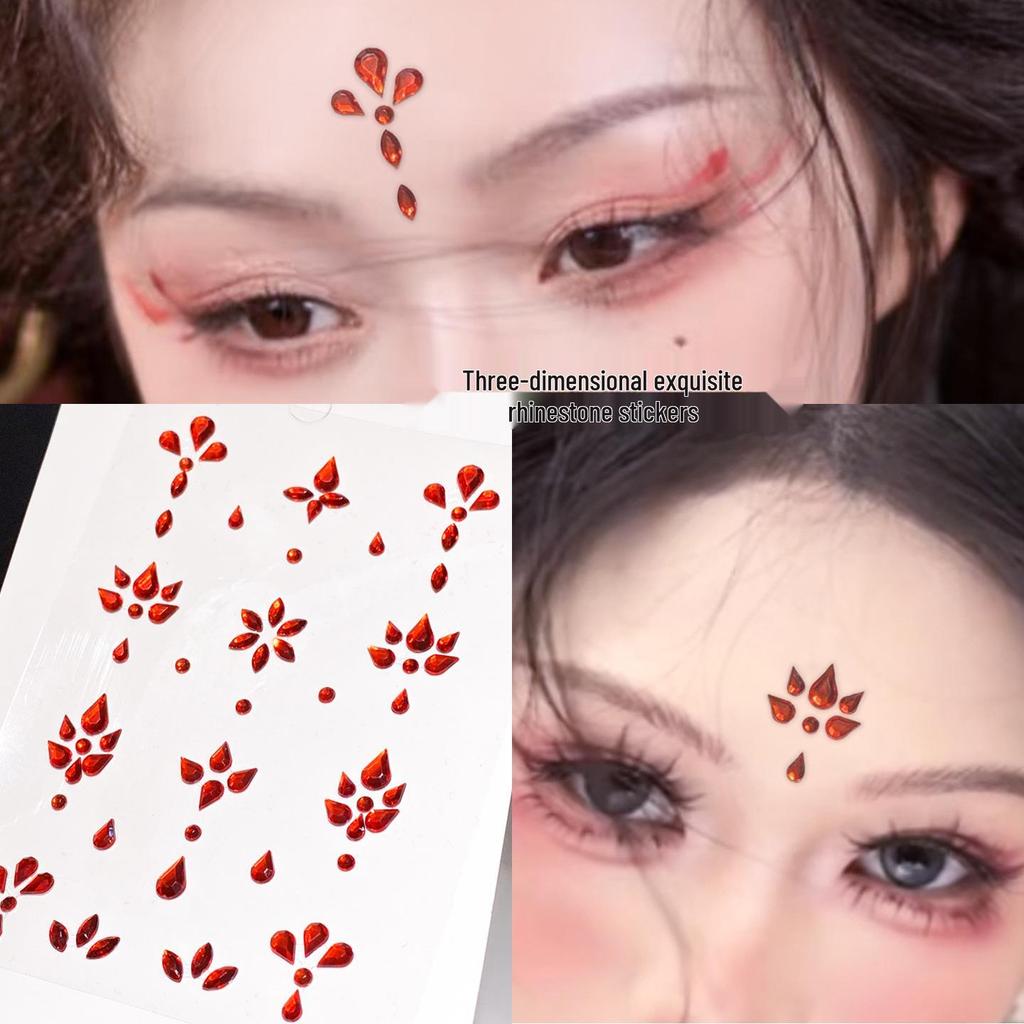 Diadema Rosso con Strass sulla Fronte e Adesivi Decorativi per il Viso in Stile Antico per il Trucco Hanfu