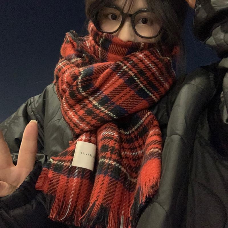 Christmas scarf women's winter senior sense versatile red plaid scarf student couple thickened warm shawl