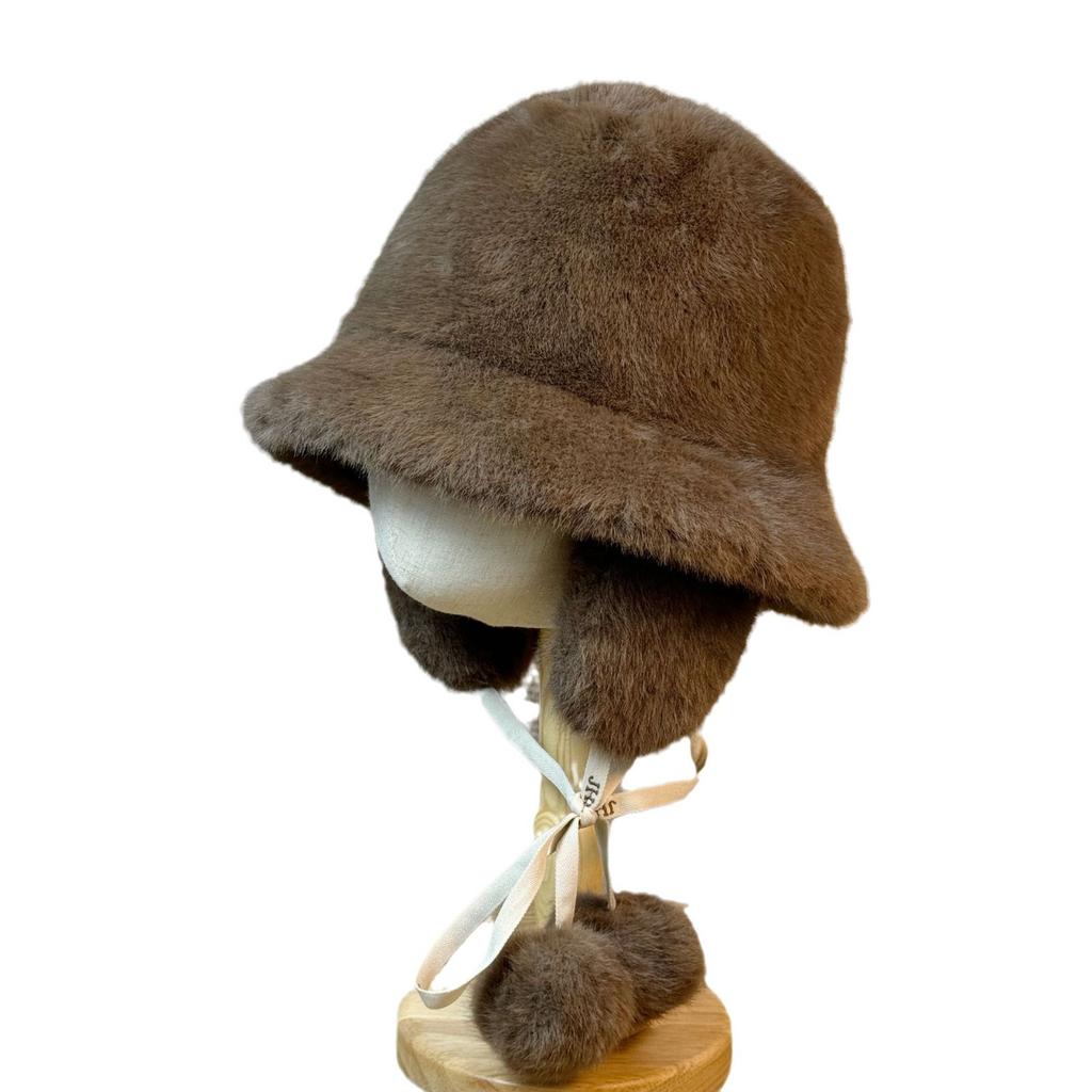 Women's Winter Plush Fisherman Hat with Ball Strap New Face Showing Small Ear Protection Hat Thickened Cold Proof and Warm Hat