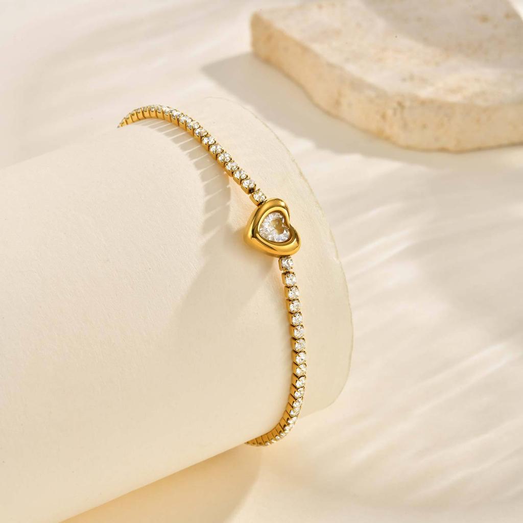 Fashion Temperament Jewelry Women, Stainless Steel Heart-Shaped Rhinestone Chain Bracelet 18K Gold Br-2611