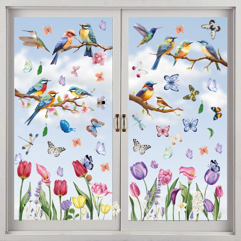 9 Sheets Spring Summer Cartoon Butterfly Tulip Floral Party Decorations Window Static Stickers DIY Glass Clings Backdrops Decals