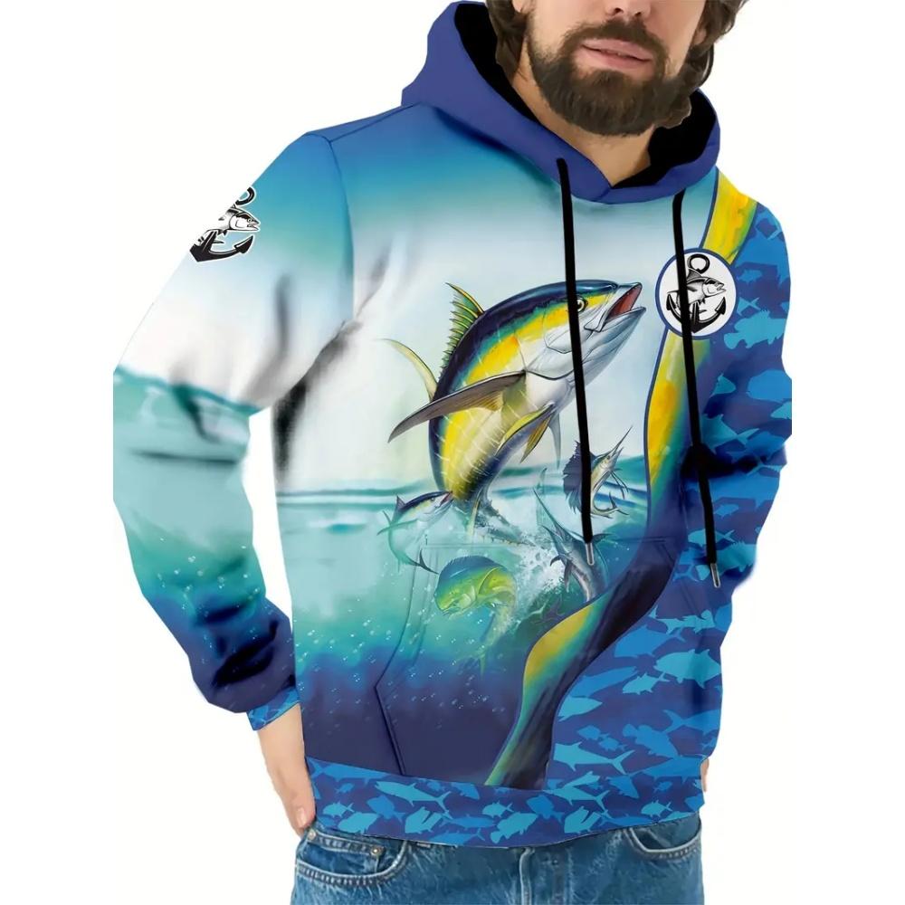 Módní rybářská grafická mikina s kapucí Pohodlný outdoorový pulovr 3D potisk Dlouhý rukáv Top Streetový Oversized Streetwear Oblečení