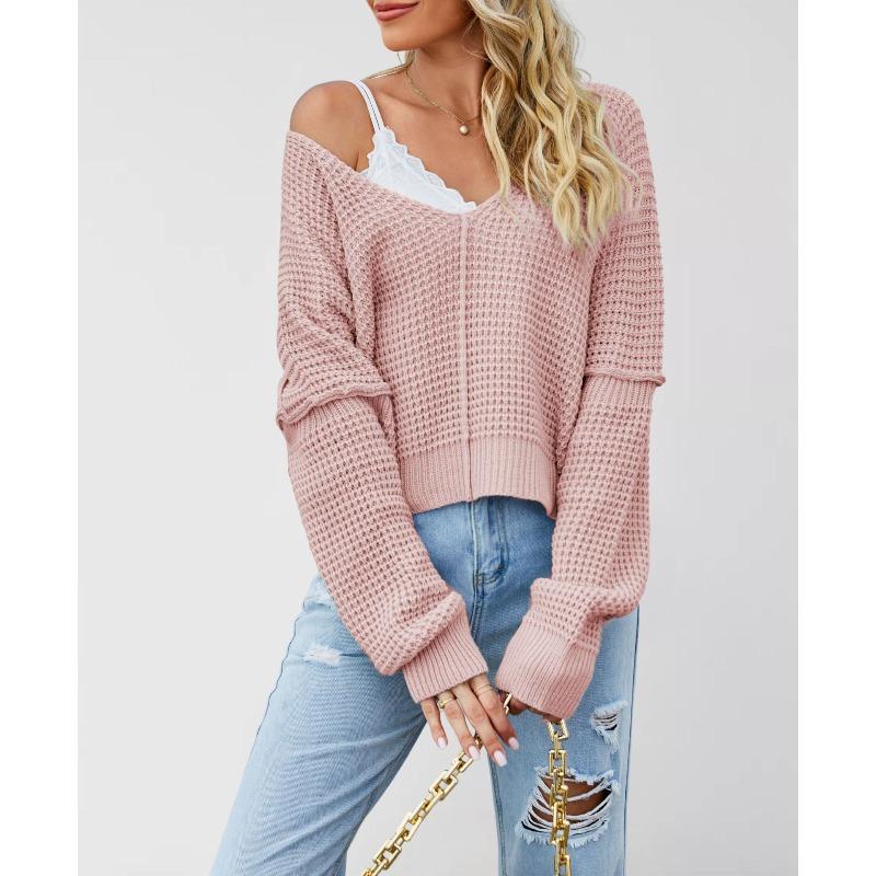 MGHR Women's Fashion Casual Solid Color Print Autumn Winter Long Sleeve V-Neck Loose Sweaters