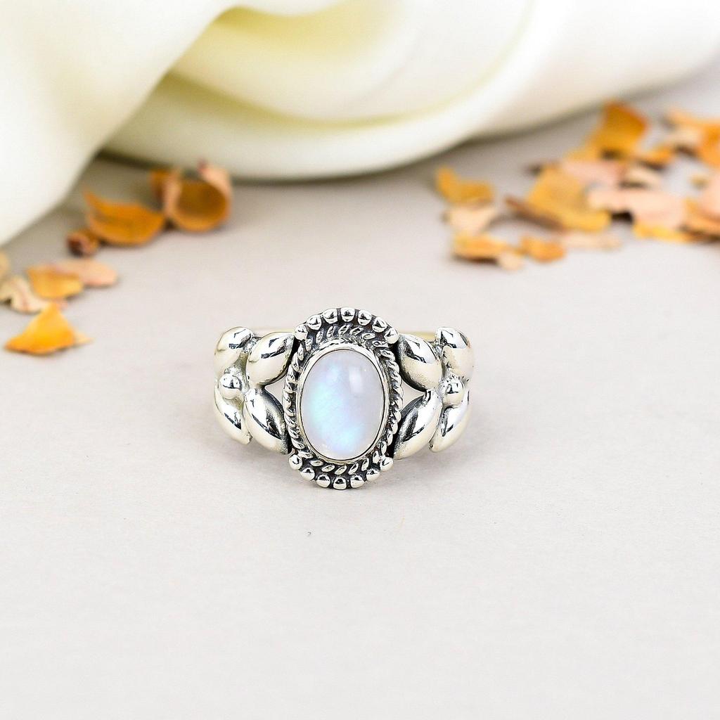 925 Sterling Silver Rainbow Moonstone Oval Shape Gemstone Ring For Women