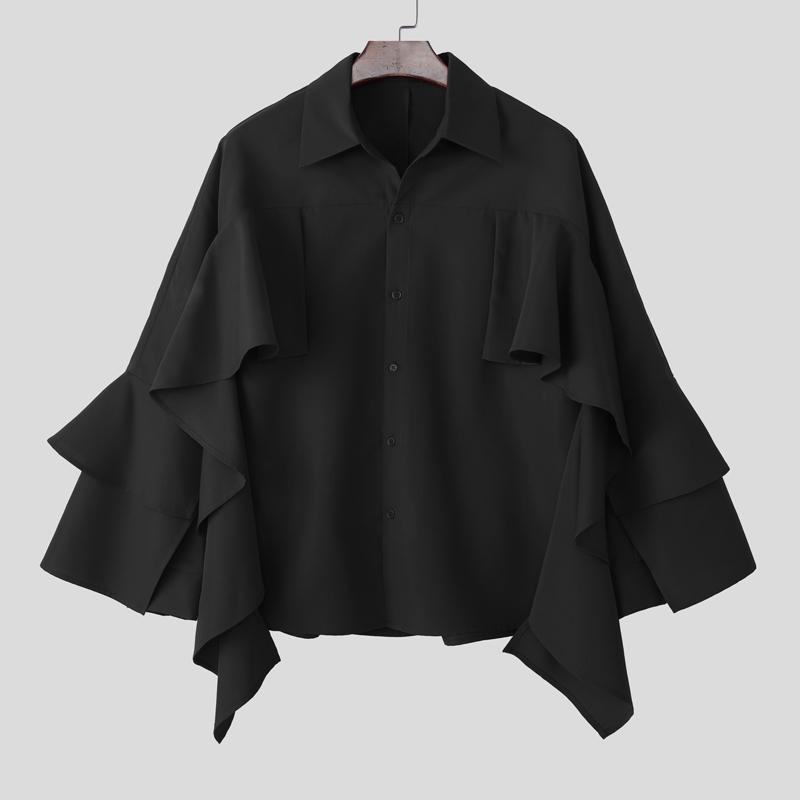 INCERUN Men Lapel Neck Long Sleeve Ruffled Shirts Casual Loose Oversized Tops