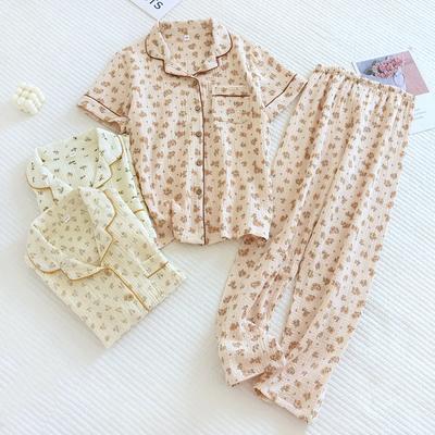 Summer New Women's Set 100% Cotton Crepe Short Sleeve+Long Set Two Piece Thin Flower Homewear Sleepwear Pajama
