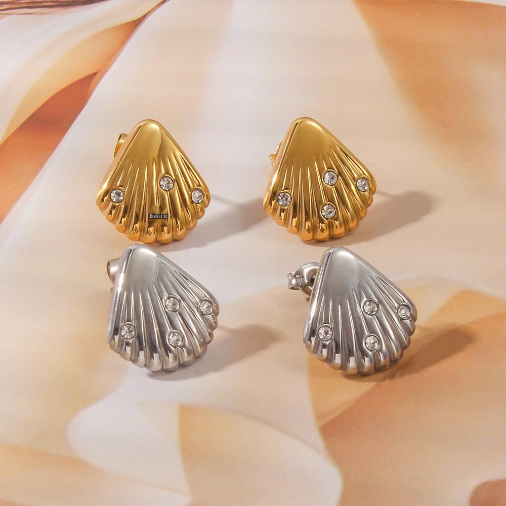 Französisch Retro 2024 Fächerförmige Muschel Diamant Titanstahl 18K Damen Ohrstecker