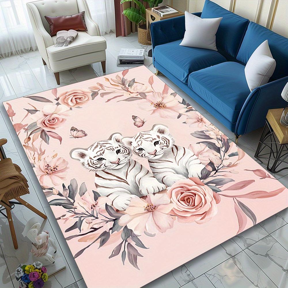 Tigers and Flowers Crystal Velvet Area Rug - Durable Polyester Chair Mat for Bedroom, Cloakroom, Reading Room, Living Room, and