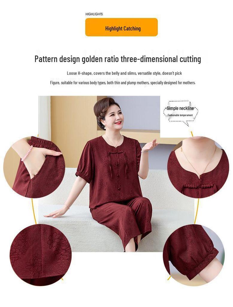Chinese Style Summer Two-Piece Set: Mid-aged and Elderly Mom Short Sleeve Loose T-shirt and Fashionable Pants