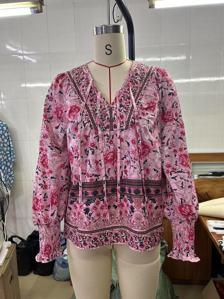 2025 Spring/Summer Bohemian V-neck Tie-Up Long Sleeve Women's Top