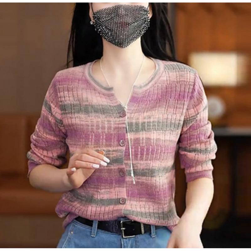 

Модный радужный полосатый кардиган с длинным рукавом, новый осенне-зимний, свободный и тонкий, в стиле ретро, вязаный жакет-свитер, топ one size fits all розовый