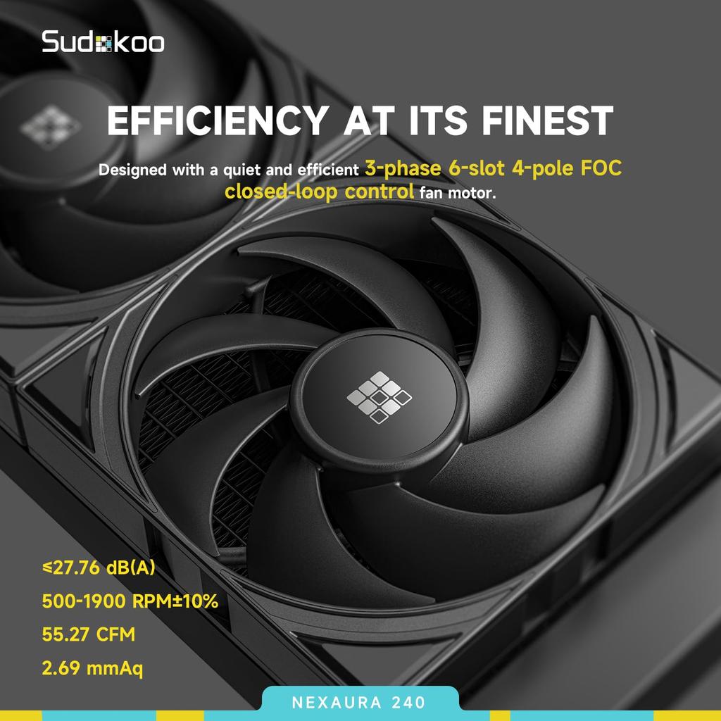 Sudokoo NEXAURA 240 Liquid CPU Cooler: 240mm All-in-One CPU Cooler with PWM Pump & ARGB Pump Head - FDB Fan Water Cooling System Compatible with