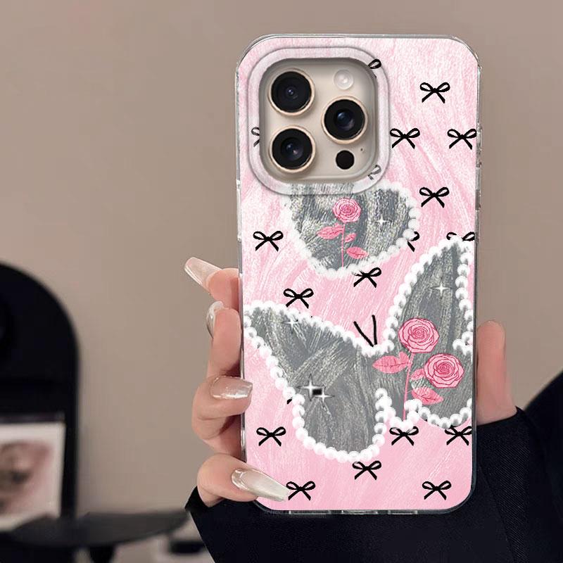 Case For IPhone 16 16 Pro Max 5G Phone Cover Graffiti New Pink Love Butterfly Knot Rose Patterns Luxury Bumper For IPhone 16