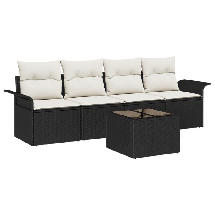 Ensemble de Canapé de Jardin 5 pièces avec Coussins Rattan Poly Noir, Canapé de Jardin 2 places avec Rangement et Coussins 3353896