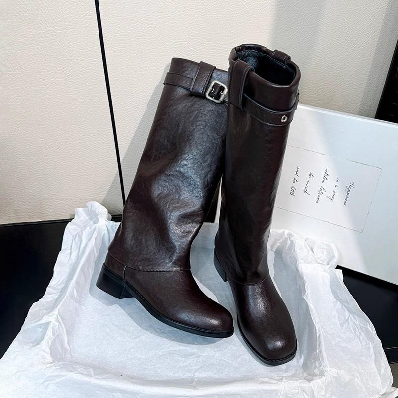 Uncle Zhou's new high-leg trouser boots in autumn and winter 2025 women's thick-heeled knight boots belt buckle western boots women