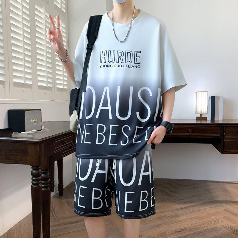 Men's Casual Loose Ice Silk Round Neck Short-sleeved T-shirt Shorts Two-piece Set