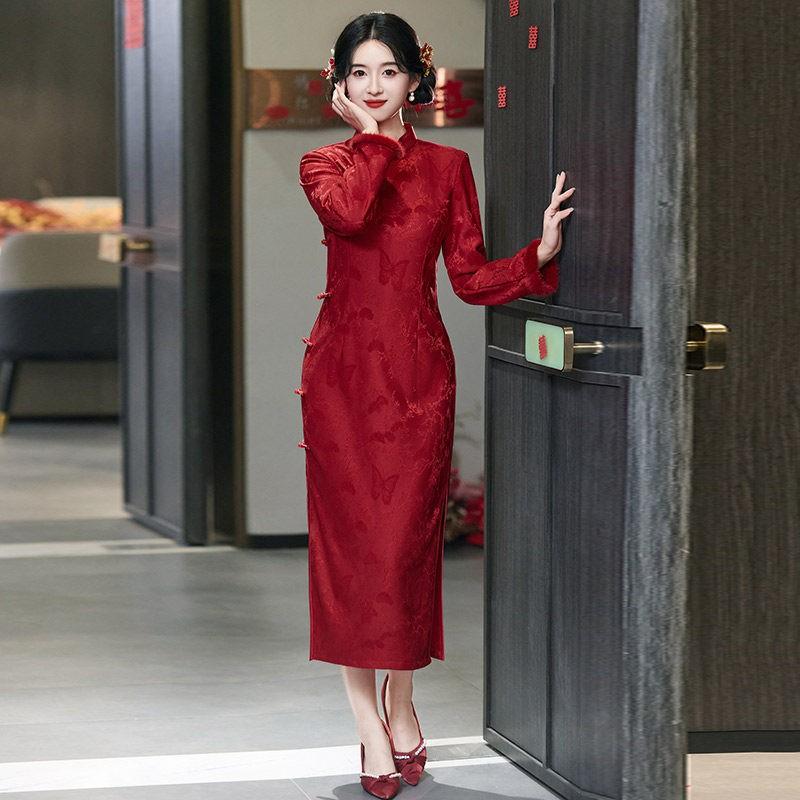 Elegant Red Modern Cheongsam Dress Wedding Reception Young Women Long Sleeve High Neck Side Slit Small