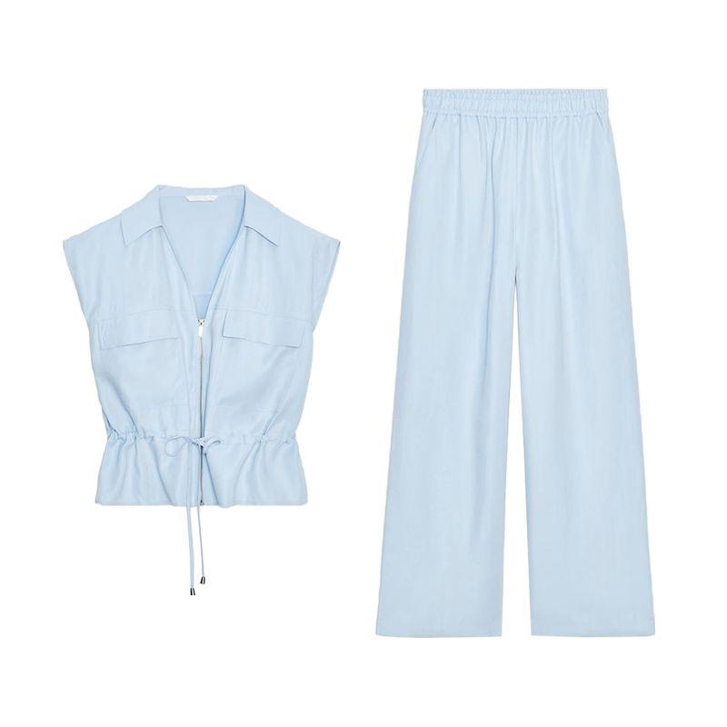 Summer New Arrival Safari Jacket V Neck Unisex Style Tops 1971140 Elastic Waist Wide Leg Pants 1971040