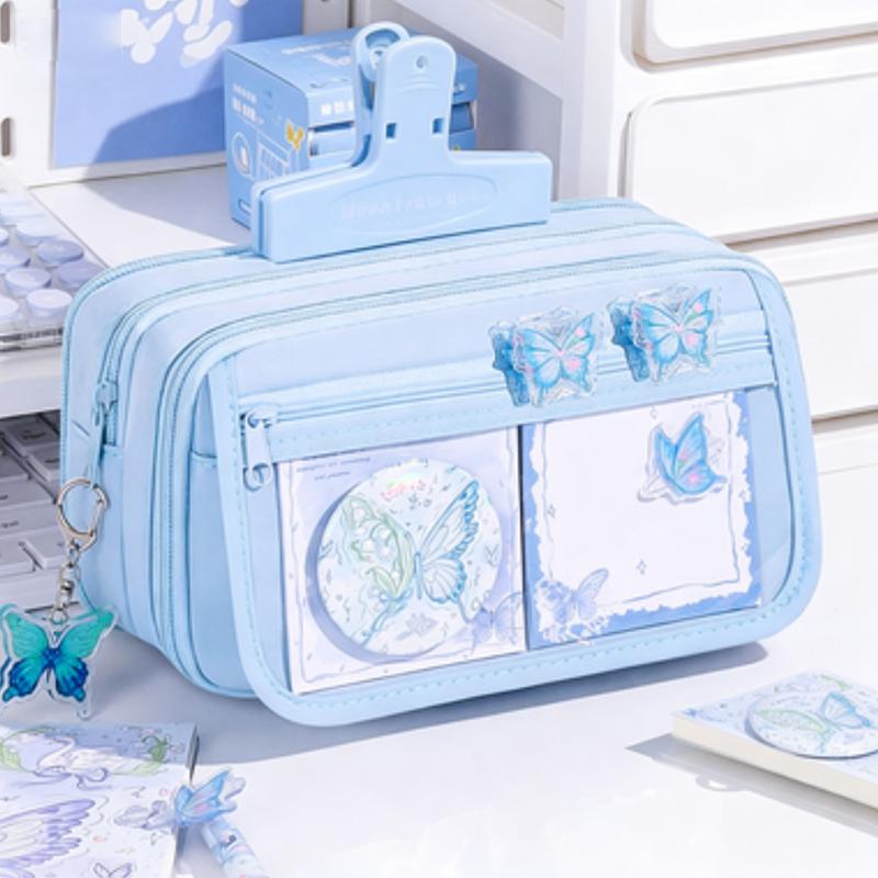 Double Zipper Multi-layer Pencil Case, Clear Front Window Butterfly Decor Pen Pouch with Inner Mesh Compartments синий