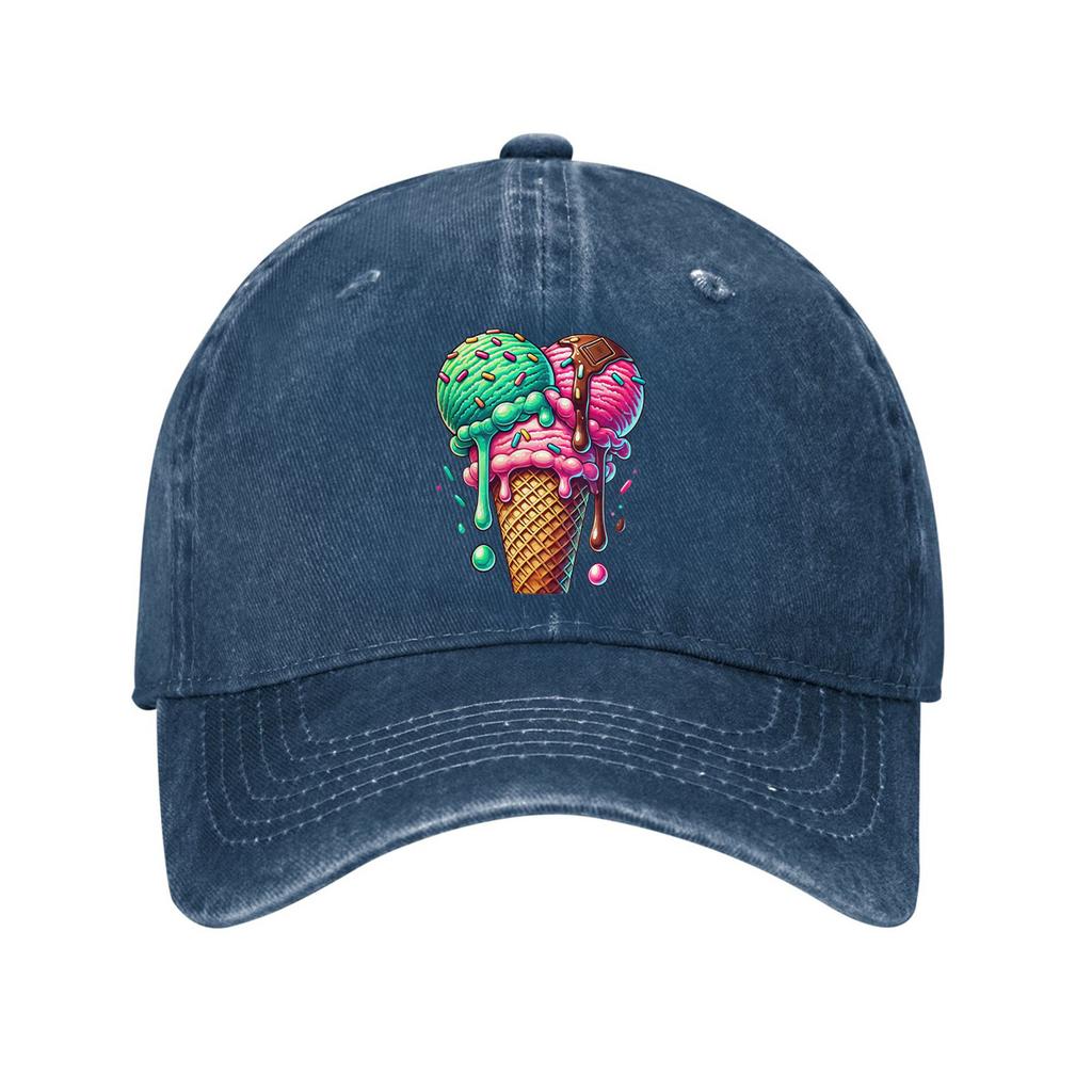 Ice Cream Cone Print Cotton Baseball Cap Adjustable Distressed Denim Casual Dad Hat for Unisex