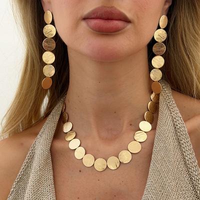 Fashion Metal Geometric Round Piece Splicing Necklace Women'S, Cold Wind Sequins Tassel Long Earrings