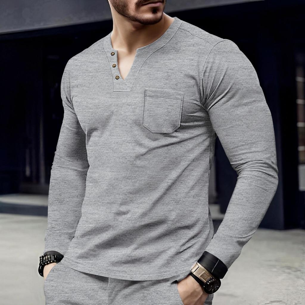 Men's Casual ,color Top, Men's Long,sleeved Button Pocket V,neck Top