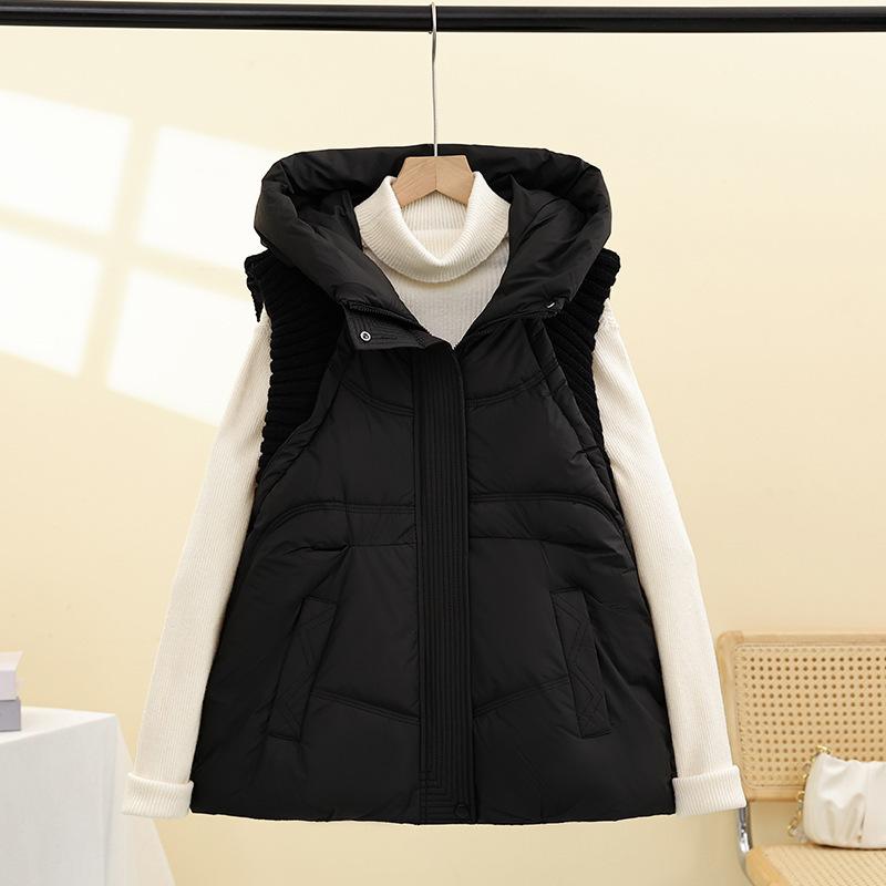 2025 autumn new down cotton vest women's short knitted splicing hooded vest cotton vest vest jacket tide