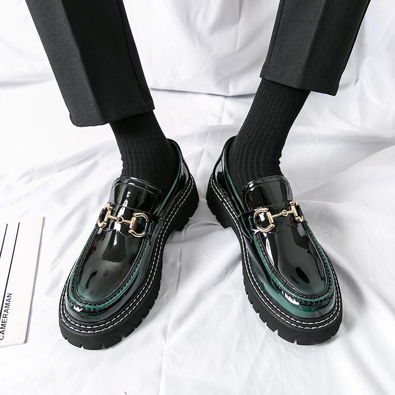 Hairstylist leather shoes men's British style patent leather glossy inner height increase big head casual square head one pedal Doudou shoes green