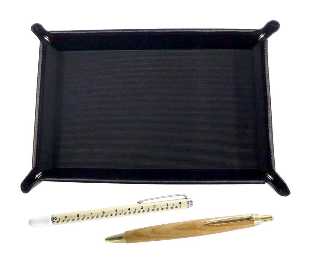 Japanese grained cowhide leather pen tray in slide measuring stick and maple wood barrel retro ballpoint pen set black, TRASB-708W-HS47S