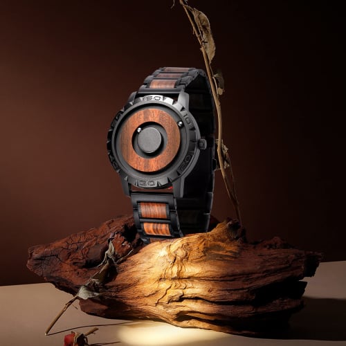 EUTOUR Men's Wooden Magnetic Watch with Ball Bearing Design, Minimalist Casual Quartz Movement, 40mm, Black Dial, Wooden Band