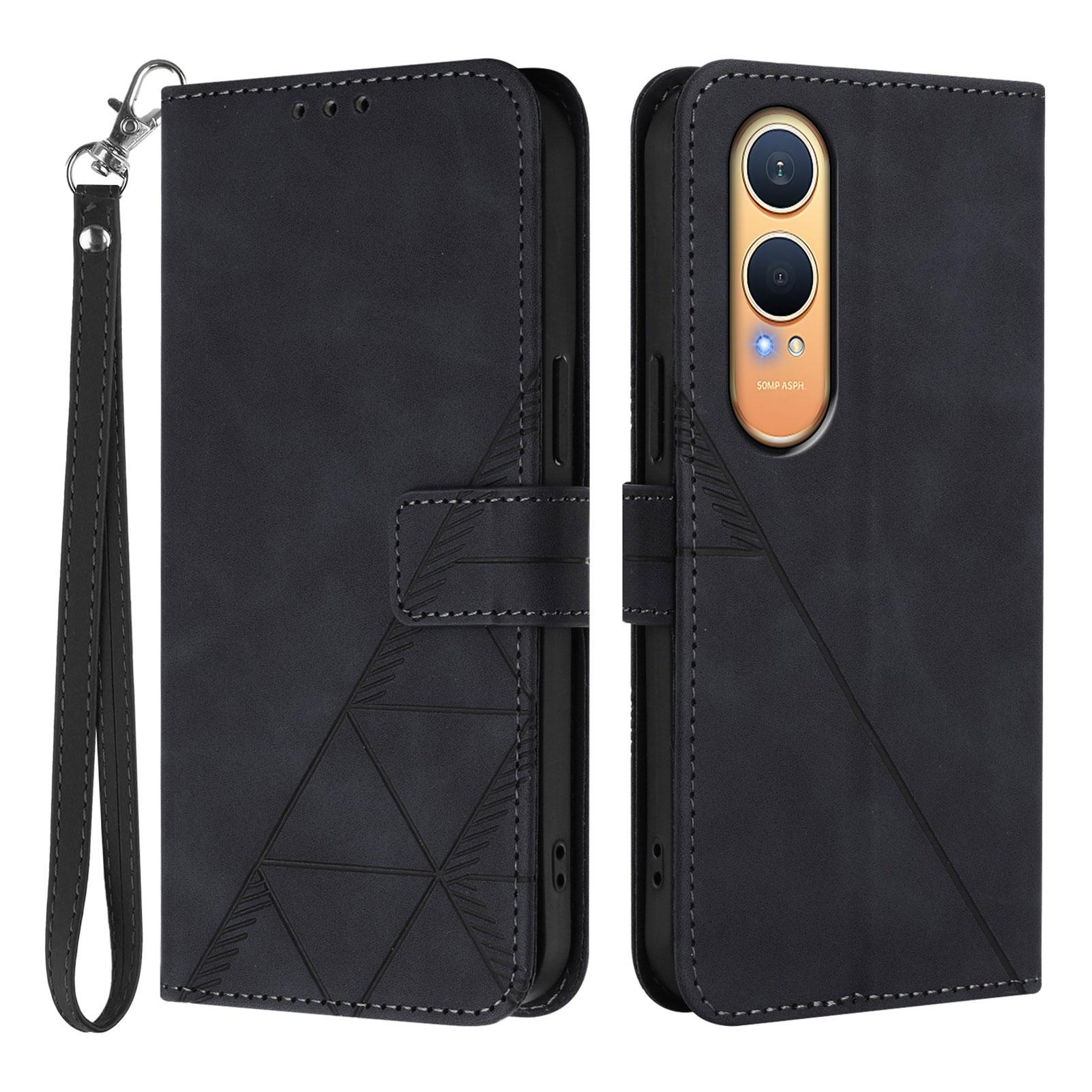 

For Oppo K12x 5G (China)/OnePlus Nord CE4 Lite 5G Leather Case with Hand Strap Wallet Stand Phone Cover Black