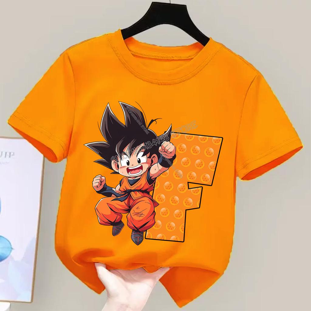 Dragon Ball Goku T-shirt for Children Cartoon A-Z Letters Tee Top Boys Girls Orange Clothes New Kids Short Sleeve Clothing Gift