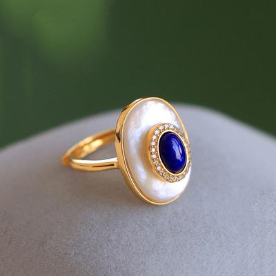 Bague de Fiançailles Vintage en Lapis Lazuli Ajustable Nacre Blanche Ovale Bagues pour Femmes Bijoux Haut de Gamme Classiques de Luxe Léger