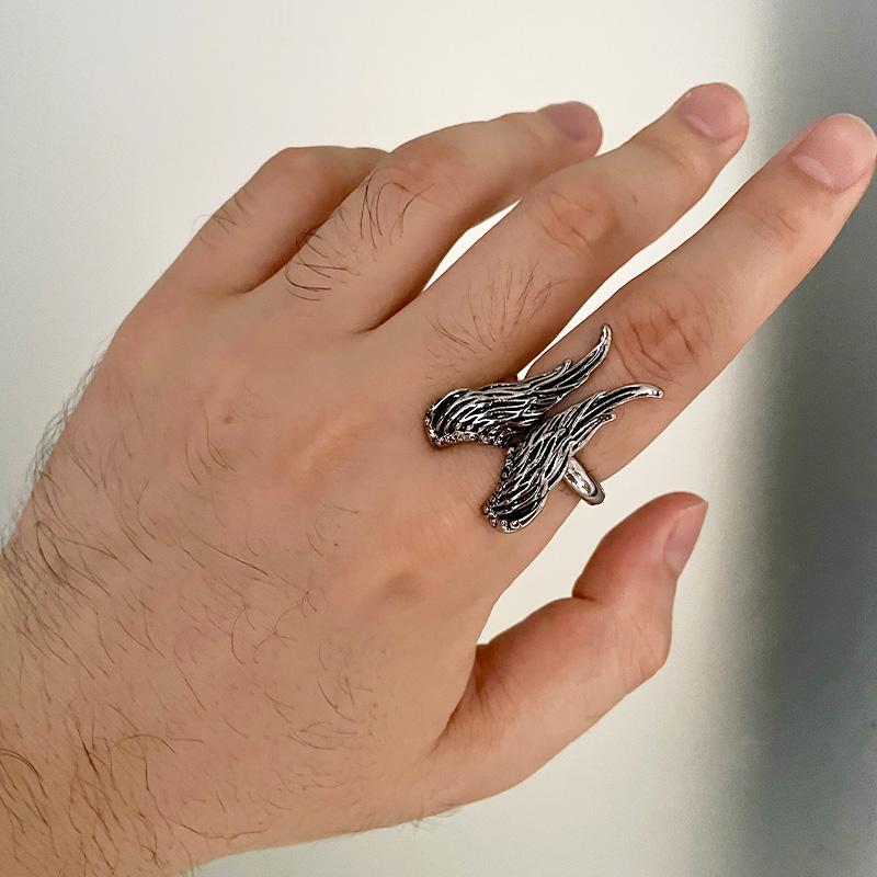 Retro Großer Engelsflügel Ring Für Männer Frauen Silberfarbe Punk Gothic Offener Ring Handgefertigt Designer Schmuck Unisex Accessoires Geschenk