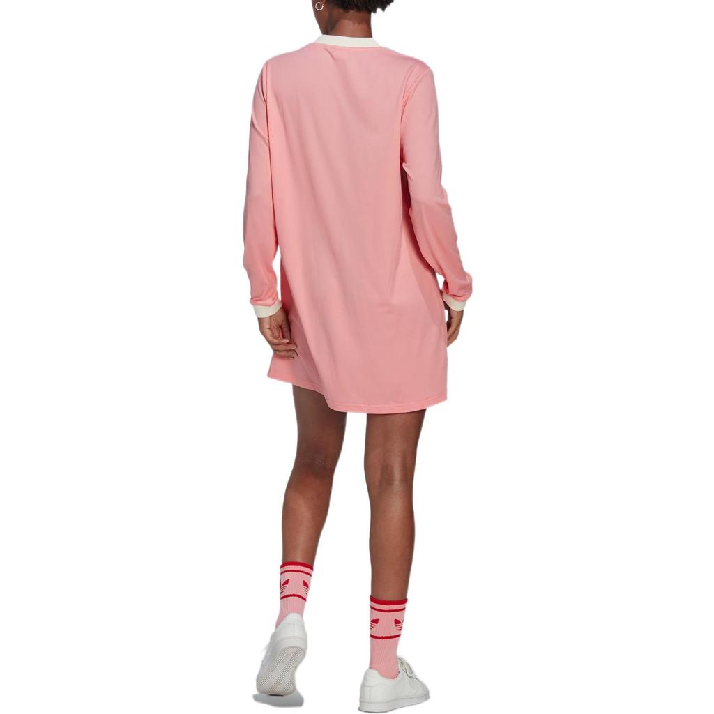 Adidas Originals Trefoil Logo Print V-Neck Long Sleeve Dress Women Dresses Pink IB2050
