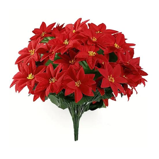 Artificial Poinsettia Bouquet with Green Leaves 4 Fork UV Resistant Fake Silk Flower Home Table Centerpiece Indoor Outdoor Faux Bloom Decoration