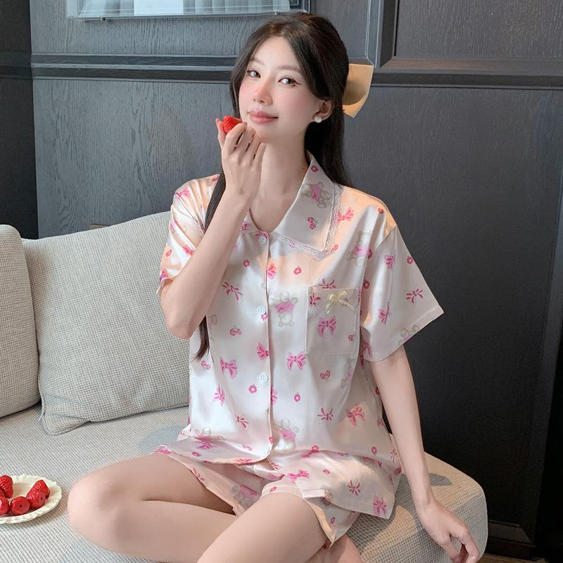 Women's Summer Pink Stripe Ice Silk Short Sleeve Pajama Set for Indoors and Outdoors