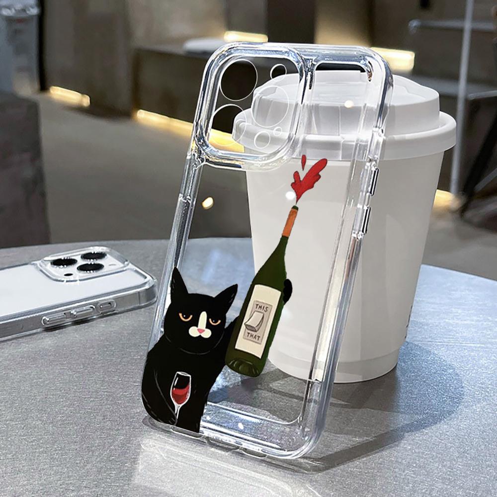 Süße Schwarze Katze Weinflasche Druck Handyhülle für iPhone 17 16 15 14 13 12 11 16E Serie Pro Max Plus Doppelschichtiger Schutz