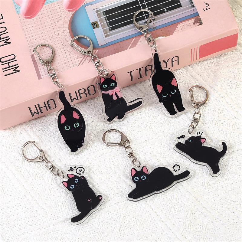 Cartoon cat Acrylic keychain Cute little black cat pendant raccoon flower cat keychain chain school bag pendant