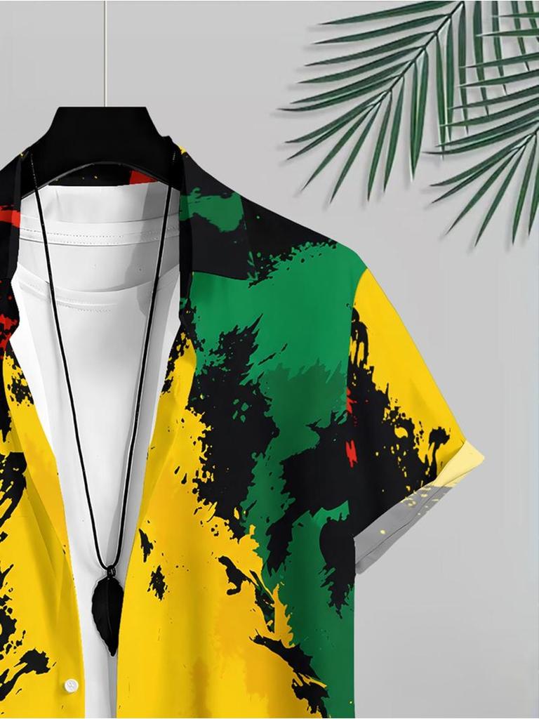 Men's Casual Short - Sleeved Button - Shirt, Mixed Color, Multiple Specifications Available, Polyester Material, Vibrant Abstract Design, Suitable