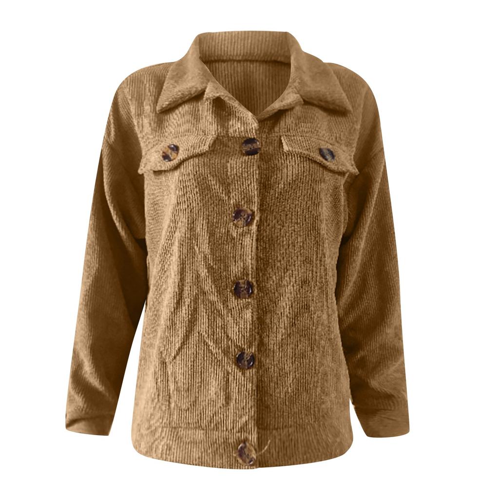 Women's  And Winter Loose Corduroy Lapel Double Pockets Long-Sleeved Shirt Jacket