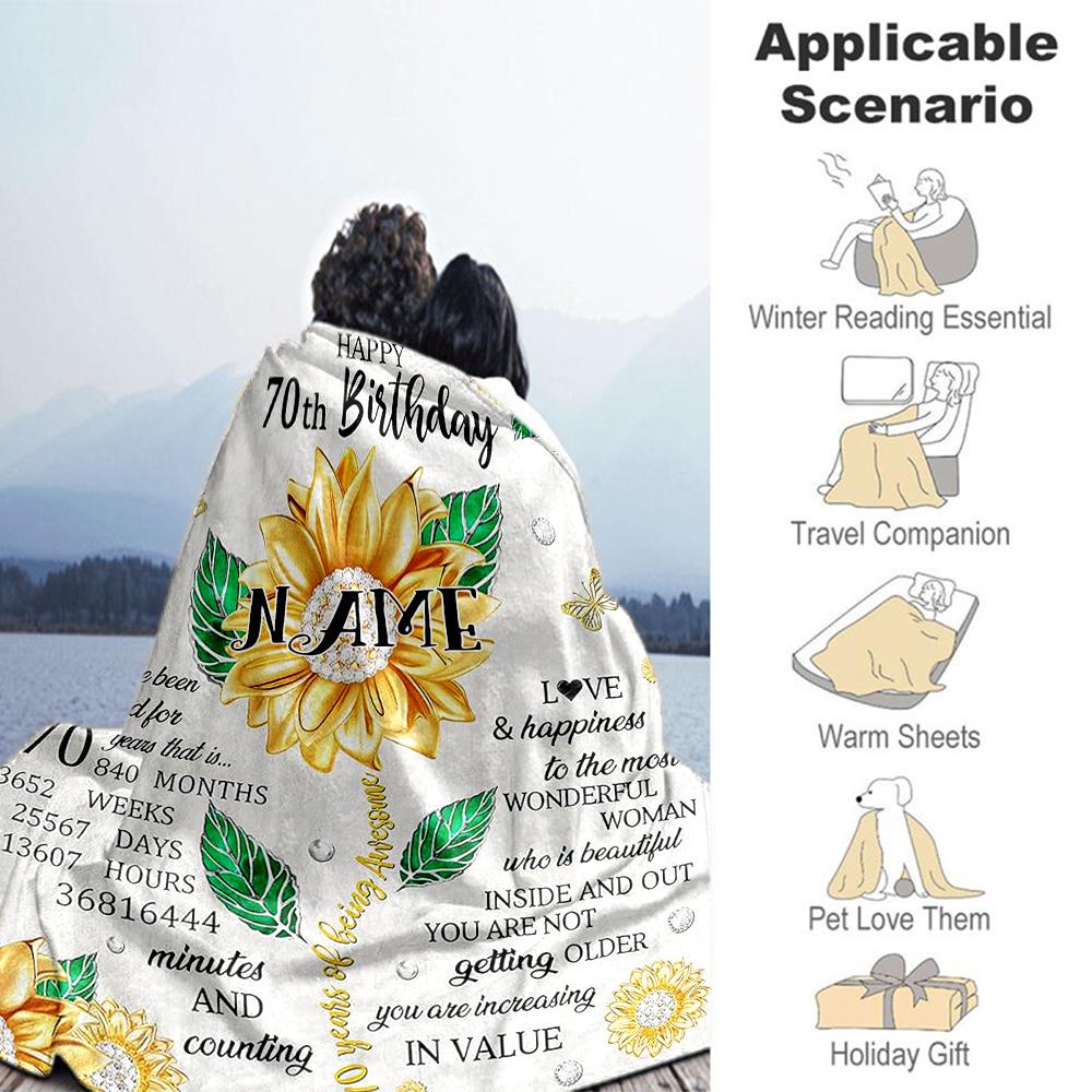 Happy 70th Style Personalized Text Blanket Throw Customizable Blanket Soft Warm Cozy Versatile for Seaside Bed Office Office Chair for All Occasions