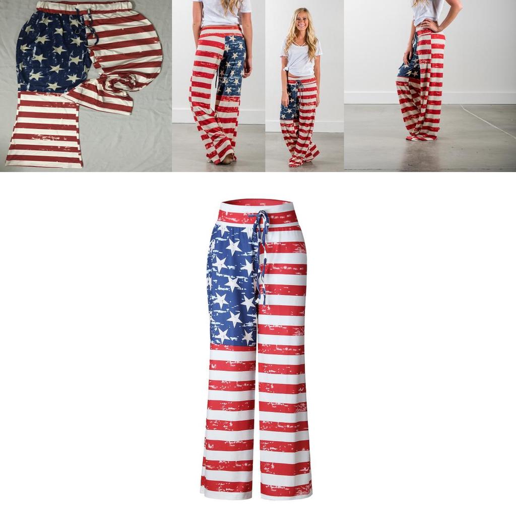 Womens High Waist Casual American Flag Print Drawstring Loose Wide Leg Pants For Summer