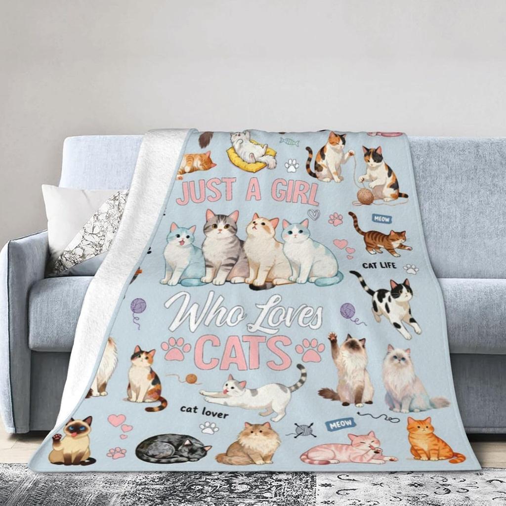 Cute Kitten Cartoon Flannel Throw Blanket Multi Cat Floral Paw Print Soft Warm Blanket for Cat Lover Girl Bedroom Sofa Gift