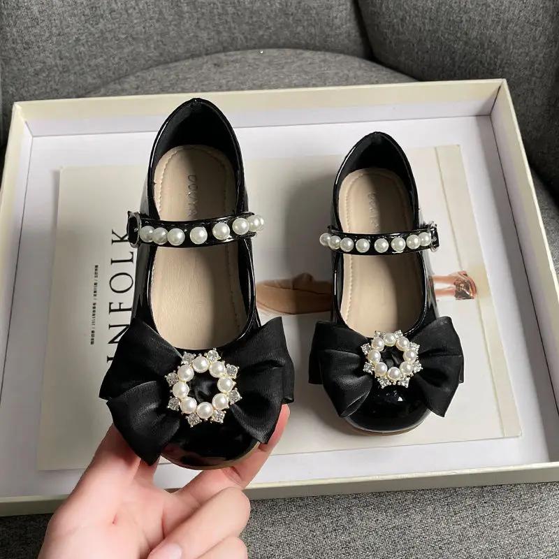 2024 New Soft Kids Fashion Girls Mary Jane Shoes Bow with Pearls Versatile Simple Children Casual Shoes Platform Moccasin Shoes