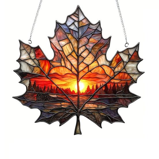 Maple Leaf Sun Catcher Sunset Hanging Decoration Stained Glass Style Acrylic Ornament for Bedroom Kitchen Window Balcony