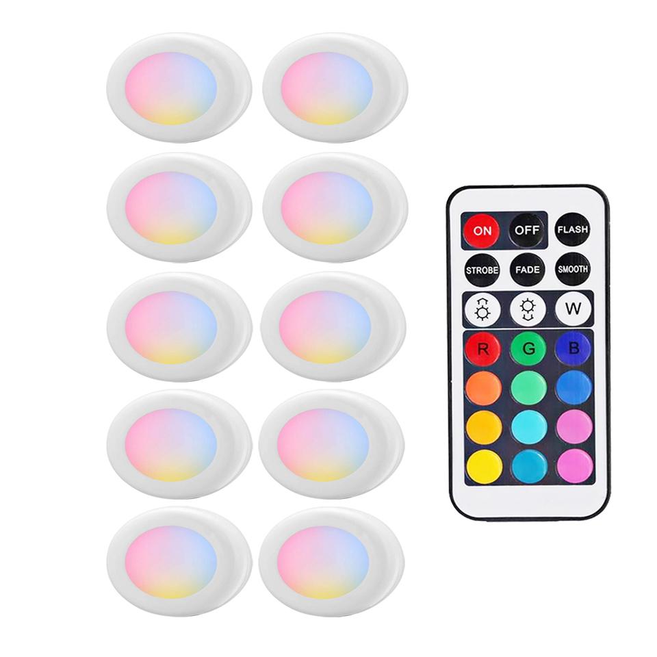 Battery Powered RGB Night Light Led Under Cabinet Lamp Puck Lights with Remote For Home Wardrobe Kitchen Display Case Decoration