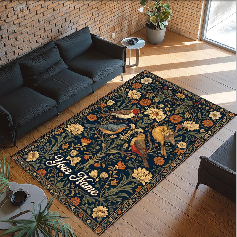 Birds Theme Crystal Velvet Floor Rug Personalized Custom Name Text Warm Carpet Home Decoration